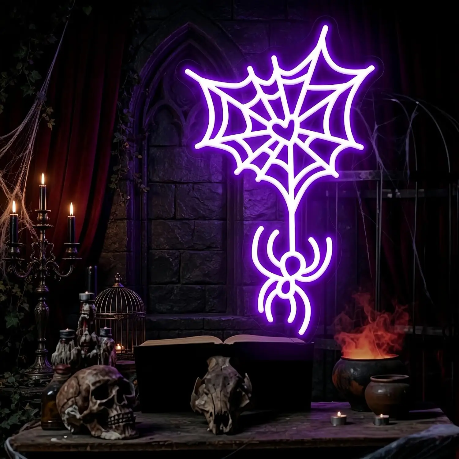 Heart Spider Web LED Neon Sign, Halloween Gothic Wall USB Neon Light Decor, Spooky Party Bedroom Bar Window Art Decoration Gift