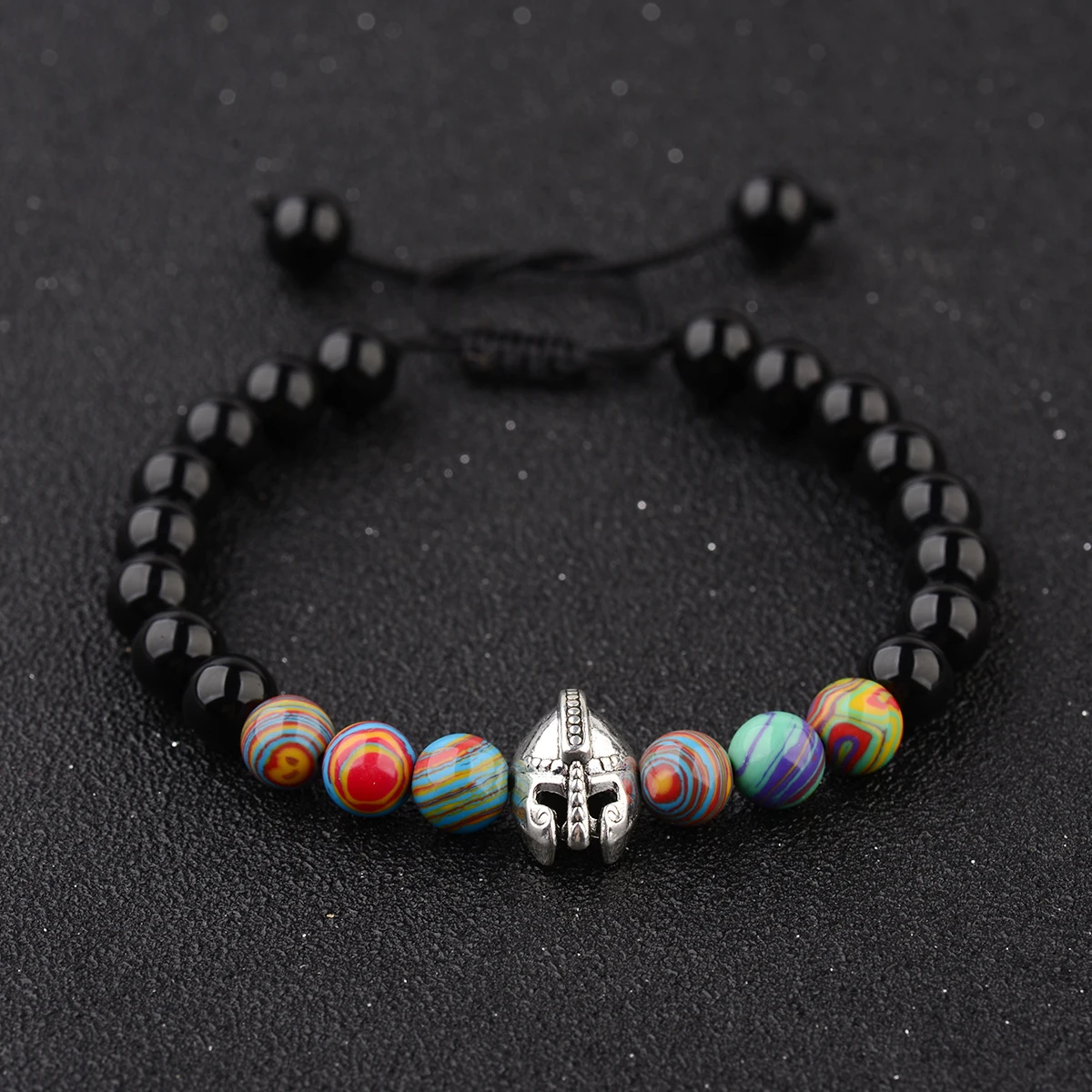 Fashion Knight Spartan Warrior Gladiator Helmet Bracelet Charm Bright Obsidian Malachite Men's Adjustable Bracelets Jewelry view 5