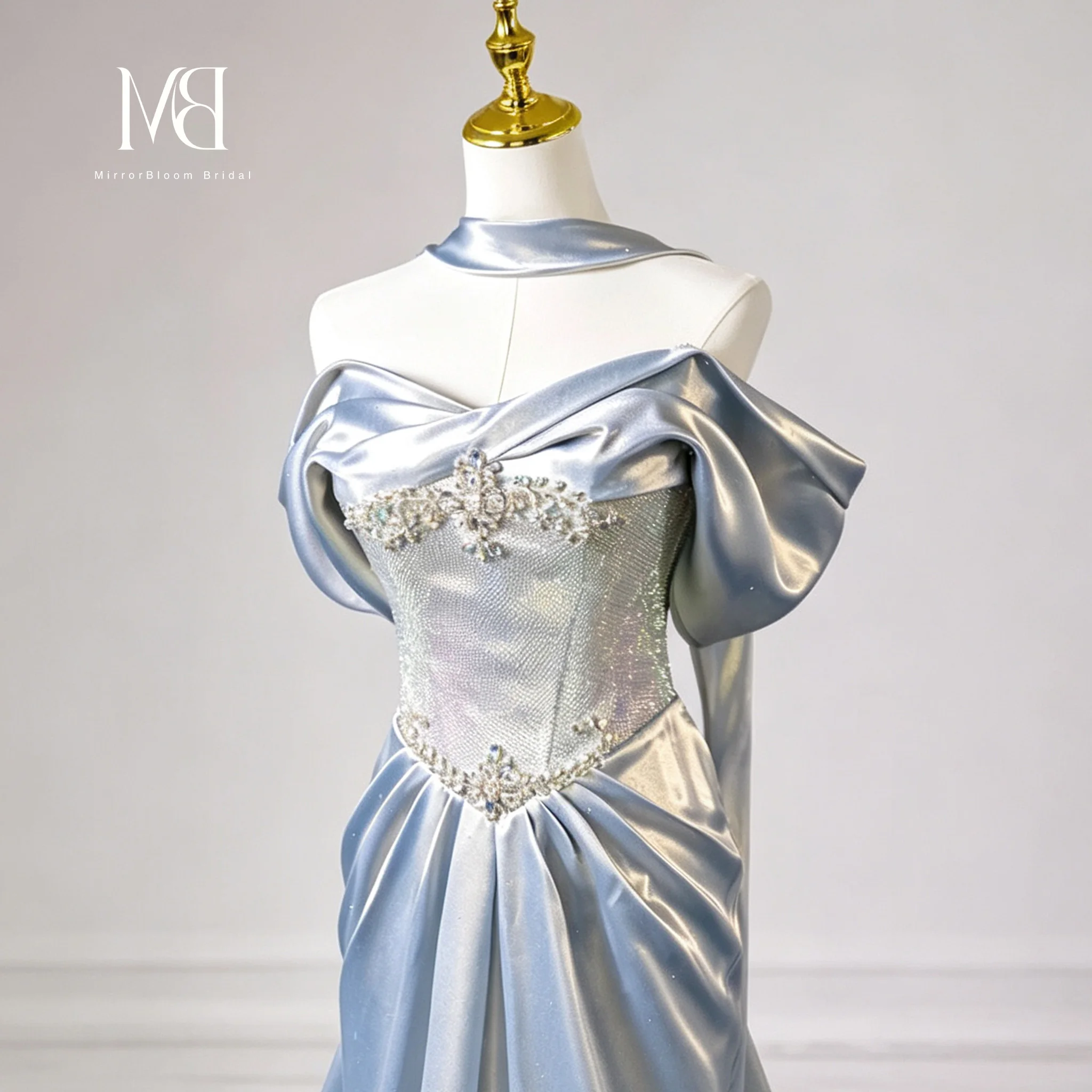 Blue cardigan strapless sleeveless fish tail floor-length formal occasion ball gown with embroidered sequins
