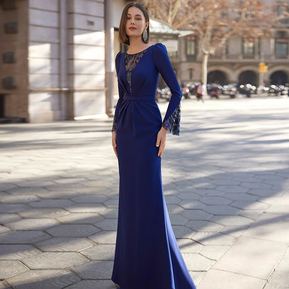 Marineblaues Kleid für die Brautmutter, maßgeschneidert, Rundhalsausschnitt, lange Ärmel, funkelnde Pailletten, Meerjungfrau-Partykleid, Kleider für Hochzeitsgäste