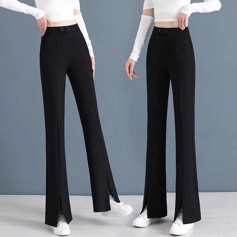 

Женские брюки-костюм с высокой талией, прямые, свободные, из ледяного шелка, расклешенные, длинные, для весны и осени, новинка, стройнящие, струящиеся