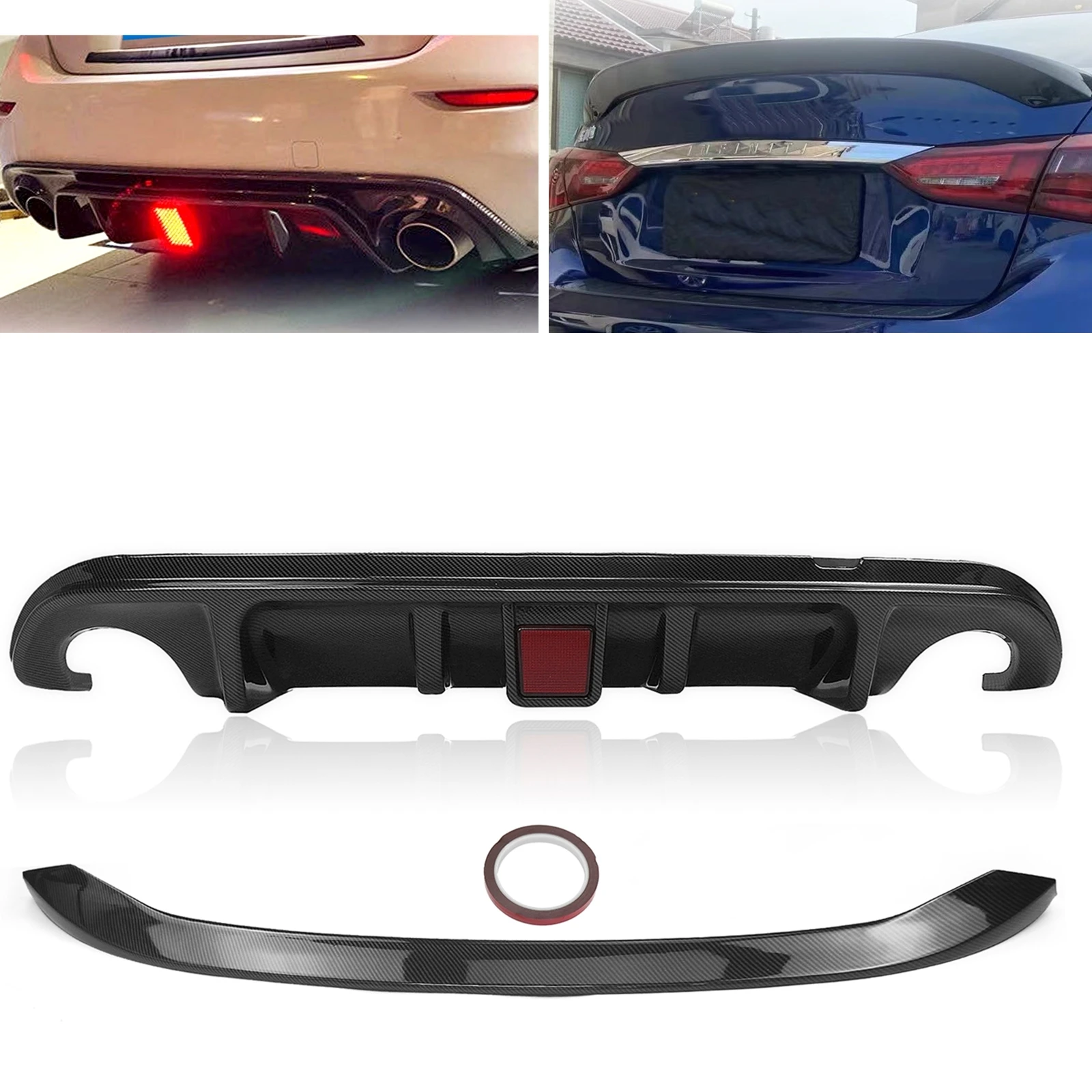 

For Infiniti Q50 2014-2017 Rear Bumper Diffuser Lip+Trunk Spoiler Roof Wing ABS Carbon Fiber Look Body Kit Splitter W/ LED Light