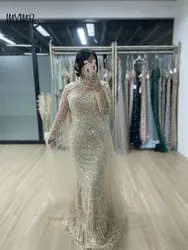 MYMB Exclusive Beaded Long Sleeves Muslim Elegant Evening Party Dresses Dubai High Neck Wedding Guest Gown with Detachable Train