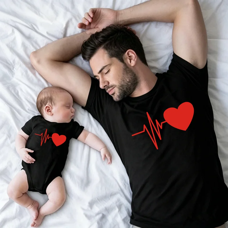 Family Matching Outfits Mom Dad Baby Red Heartbeat Heart Graphic Tees Cute Pregnancy Announcement Matching Shirts