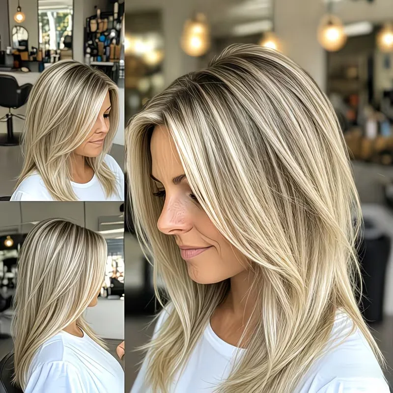 Gradient linen gold layered medium-long hair wig for women, with brown roots and gradient light gold medium-long hair, full head
