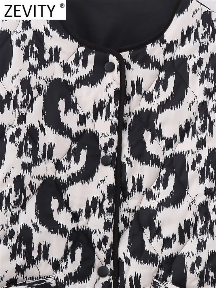 ZEVITY, nueva chaqueta acolchada de algodón con estampado de leopardo Vintage para mujer, abrigo para mujer con bolsillos de animales, prendas de vestir exteriores, Tops elegantes con botones CT5019