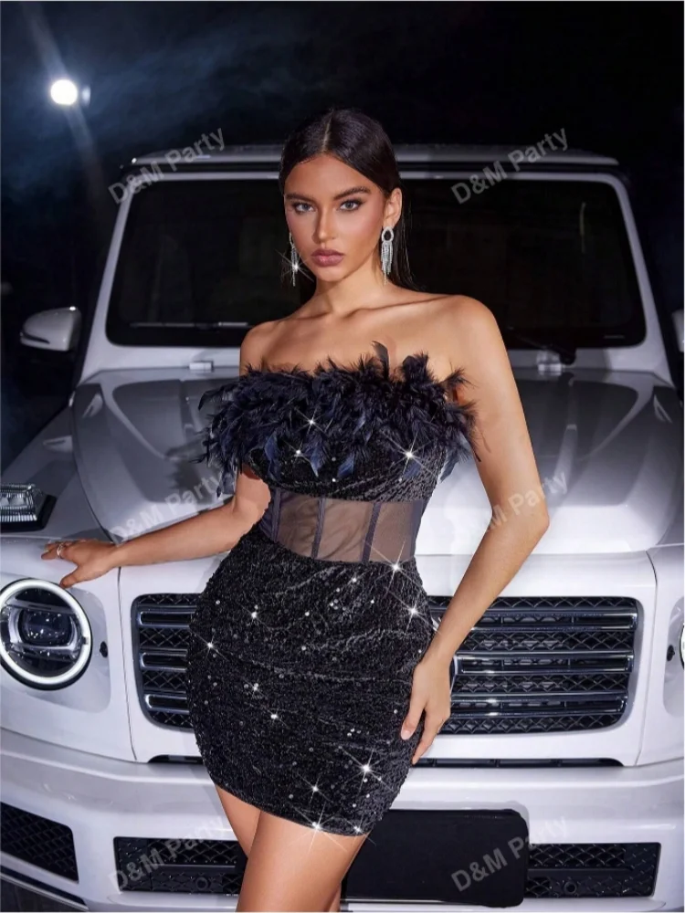 D&M Black Club Bodycon Evening Dress Ladies sleeveless Mesh Hollow out Feather corset Sexy Mini Shiny Sequined Straight skirt