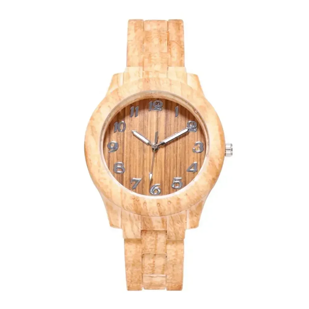 2024 NEW Women Wooden Grain Round Dial Arabic Number Resin Band Analog Quartz Wrist Watch