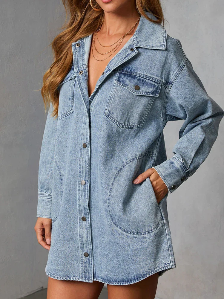 

All Match Casual Long Sleeve Denim Coat Trendy Laple Pure Color Single Breasted Jacket Lady Simple Pocket Commute Autumn Outwear