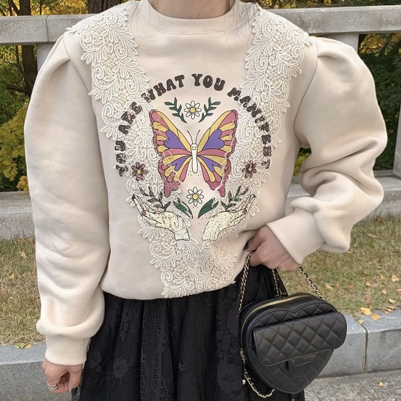 Nomikuma Korea Chic Autumn Vintage O-neck Patchwork Lace Hook Butterfly Letetrs Printed Logn Sleeve Sweatshirt Women Jumpers