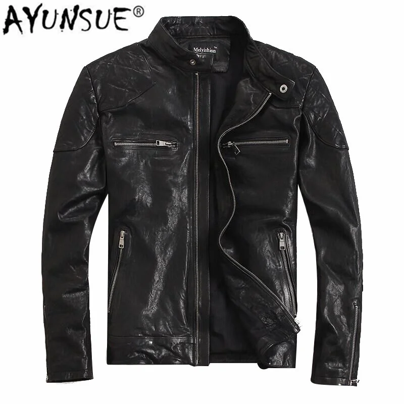 

Real Cow Leather Jacket Men 2024 Spring New Coats Style of Moto&Biker Mandarin Collar Slim Short No