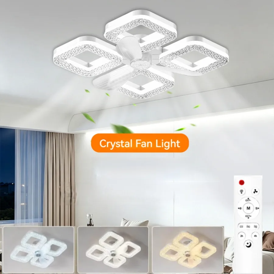 New E27 Crystal LED Ceiling Fan Light Square Circle 3CCT Dimmable 3 Speeds 60W Silent Home Fans for Bedroom Dining Living Room