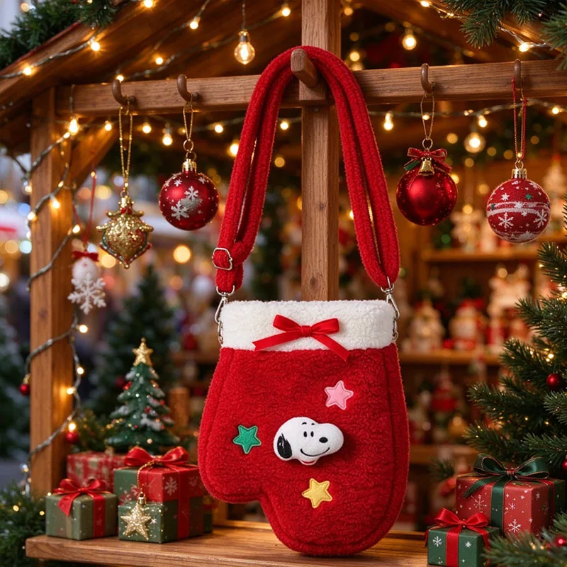 Christmas Red Plush Gloves Crossbody Bag Snoopy Cute Soft Fluffy Shoulder Bag Bucket Bag Holiday Party Gift For Friends