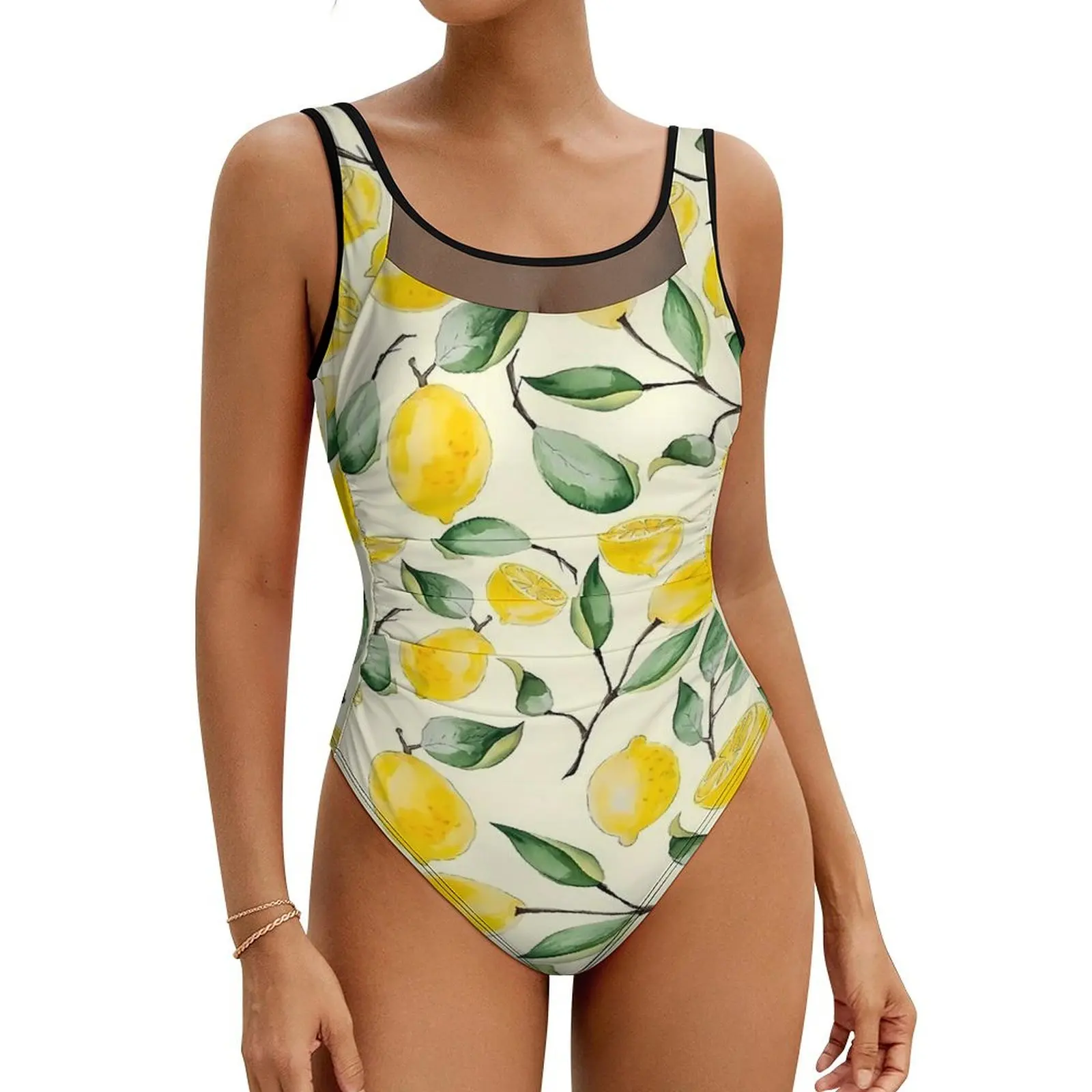 Fruit Print Swimsuit Sexy Watercolor Lemon One Piece Swimwear Push Up Swimsuits Stylish Holiday Pool Beach Outfits