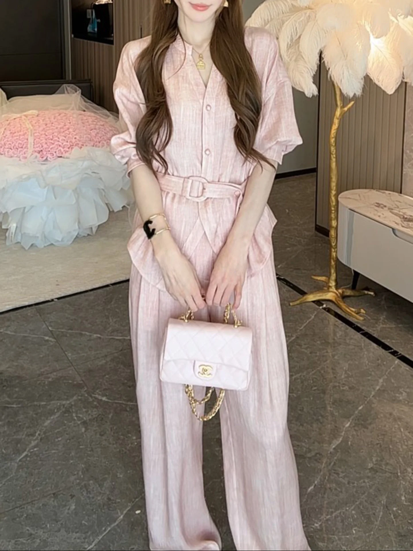 Elegant V-Neck Shirt And Wide Leg Pants Women's Fashion Set Spring Autumn High Waist Pants Button up Top Quality Two Piece Suit