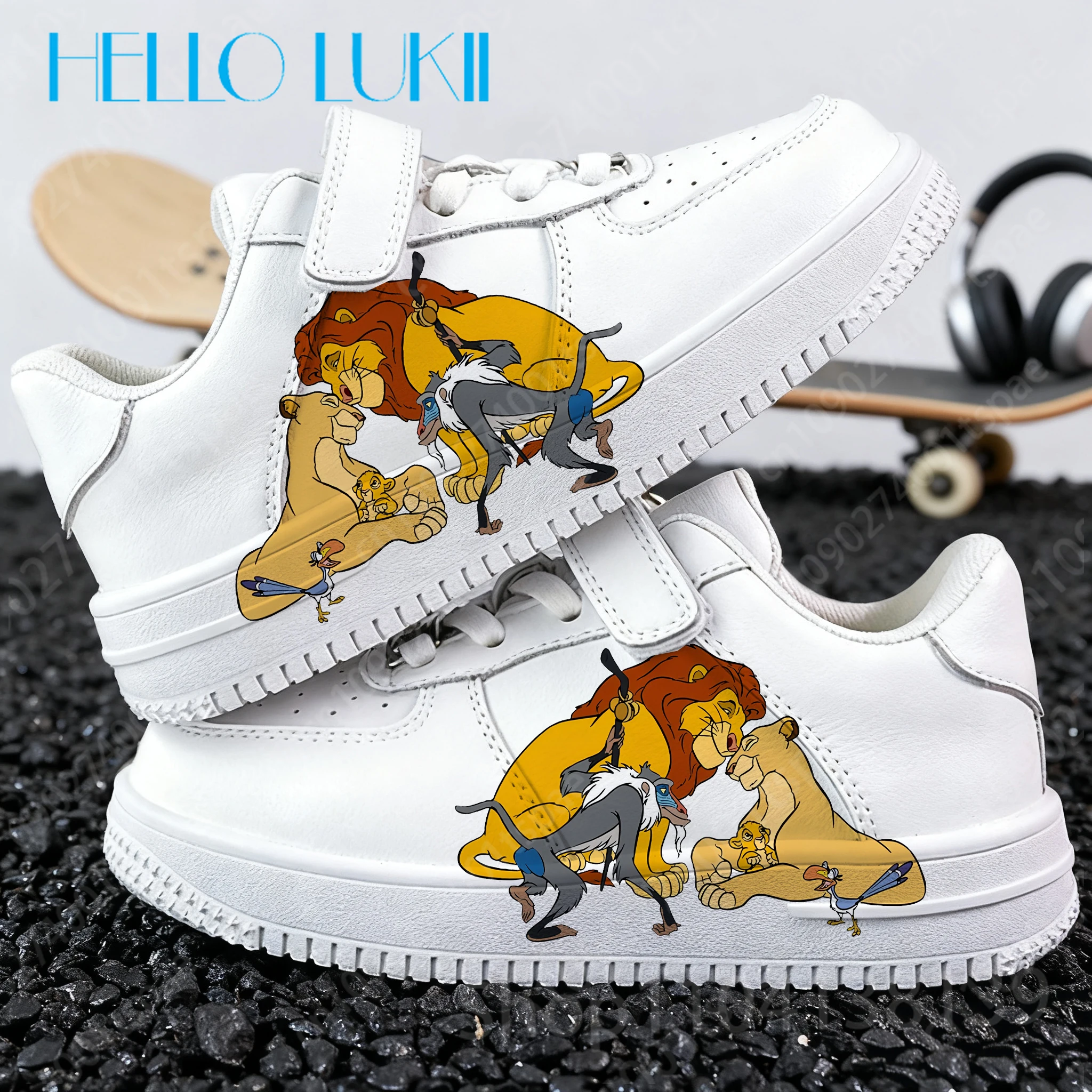 الكرتون نمط الأسد الملك الطباعة الأبيض الوالدين أحذية الأطفال بنين بنات الشباب امرأة الرجال طالب الأطفال بولي Leather الجلود حذاء كاجوال