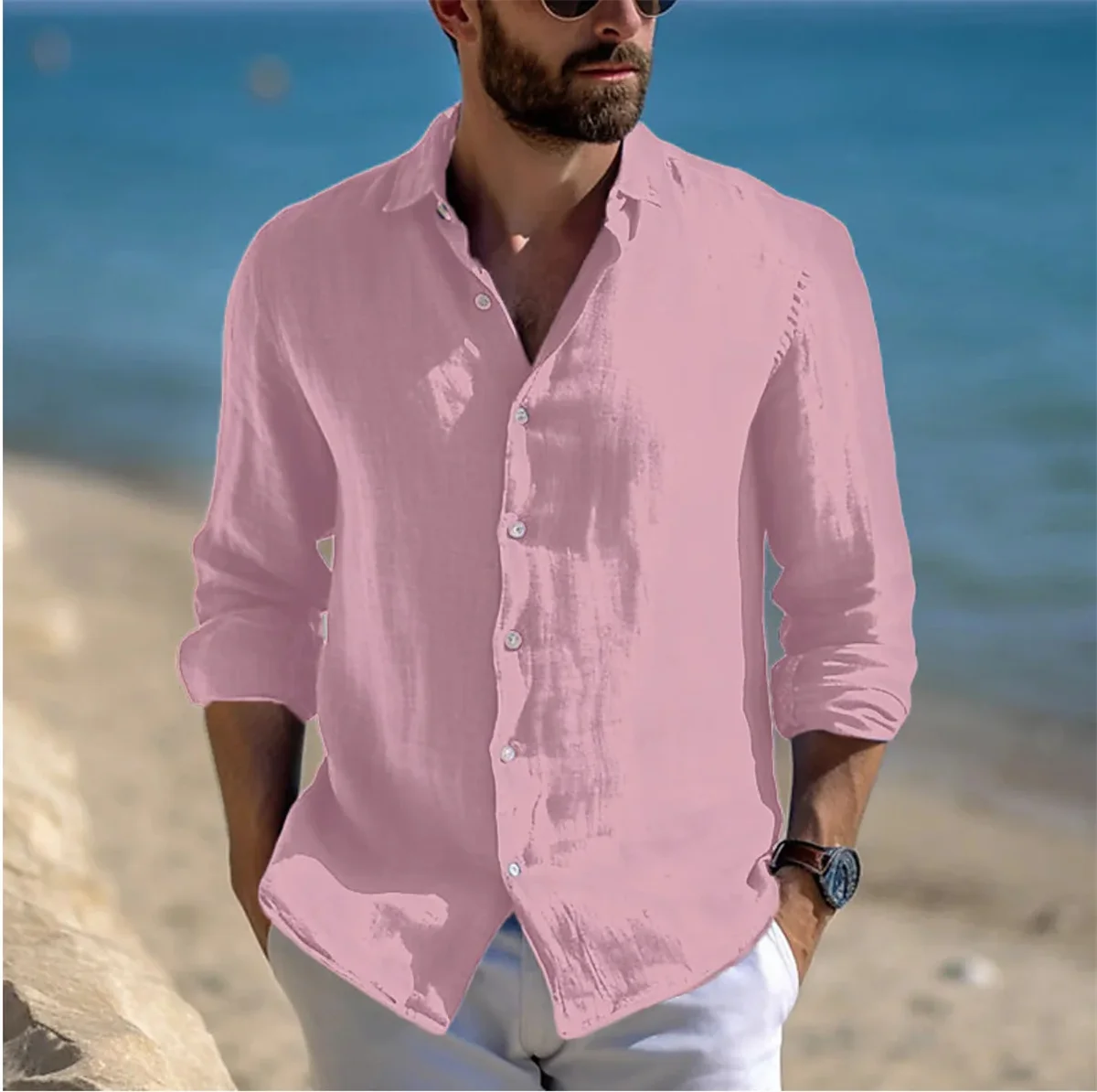 

2024 Cotton hemp hot sell men's long sleeve shirt spring and autumn solid color lapel casual European and American style