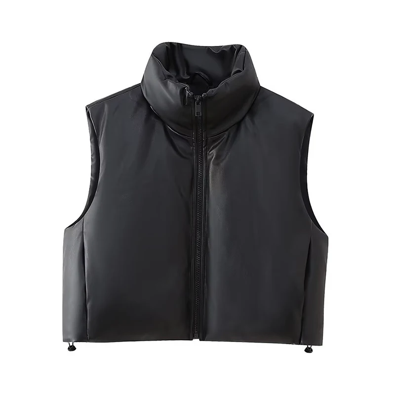 2023 Autumn Winter PU Leather Jacket Women Black Stand Collar Vest Women Fashion Zipper Elegant Short Vests Female Waistcoat