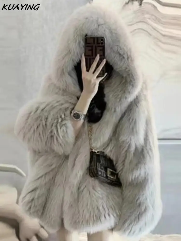 Women's Hooded Faux Fur Coat Fashion New Loose Office Lady Runway Winter Jacket Outerwears Warm Overcoat Casual Female Clothing