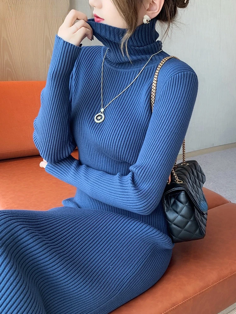 

Fall Winter Turtleneck Slim Knit Dresses Women Casual Elegant Sweater Dress Korean Mid-length Soft Knitwear Vestidos Bottom Robe