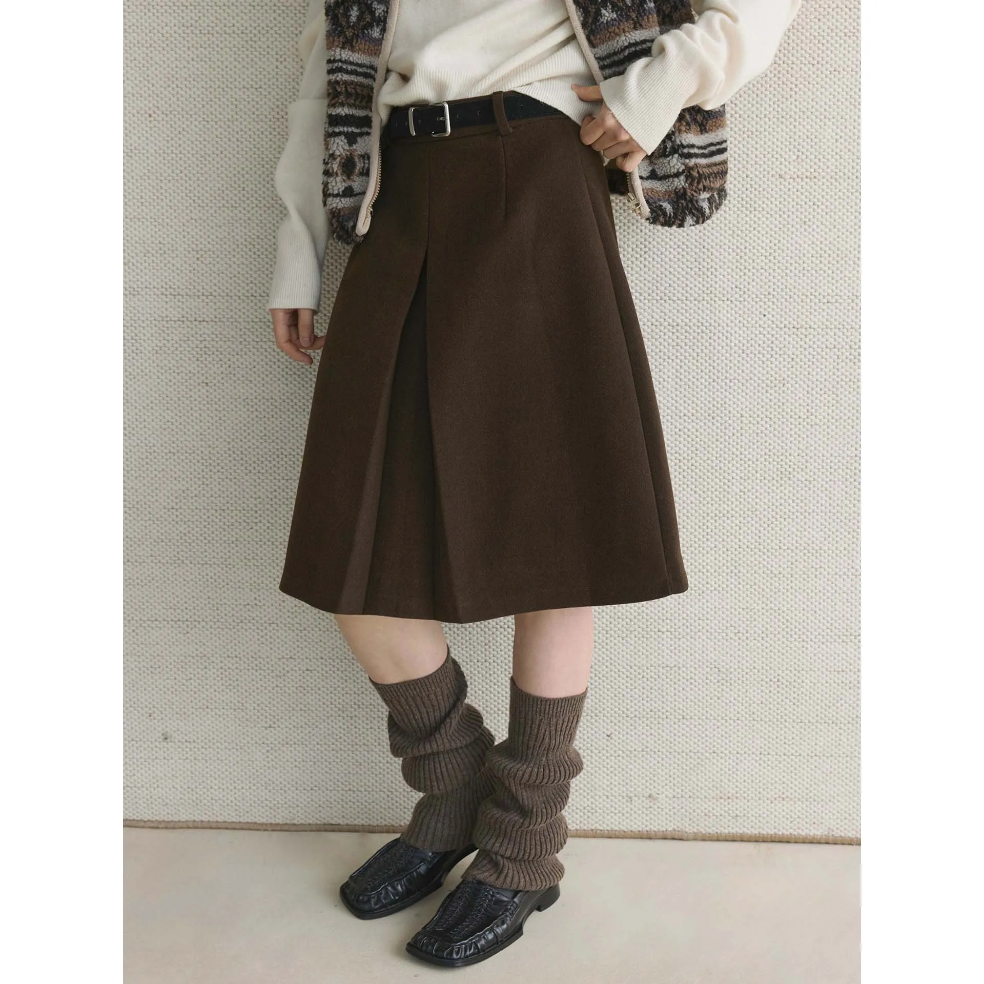 冬のレトロプリーツベルト付きウールAラインミディ丈エレガントでおしゃれなレディーススカート