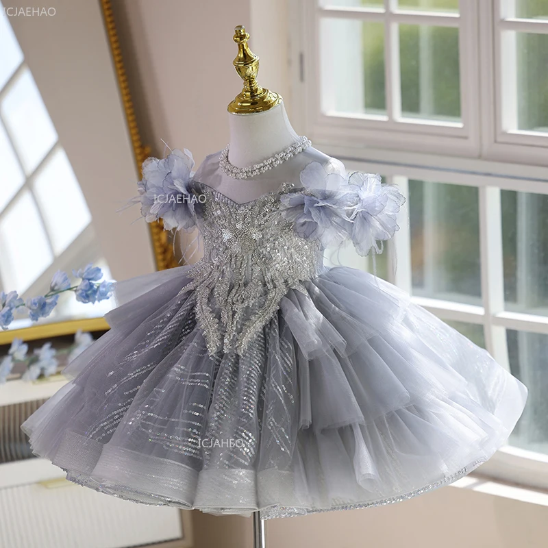 Girls Gray Princess Ball Gown Birthday Party Dress Kids Piano Performance Host Children Pageant Formal Evening Dresses Clothes