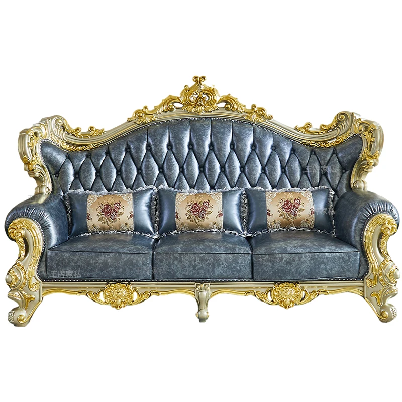 

123 combination of European leather solid wood sofa, golden villa size apartment