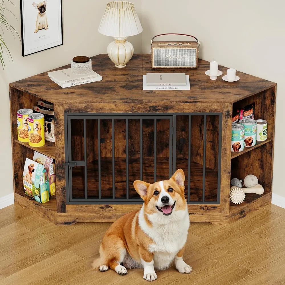 

Corner Dog Crate Furniture, 55 Wooden Dog Kennel End Table with 4 Storage Shelves, Decorative Pet Crate Indoor Use, Heavy Duty D