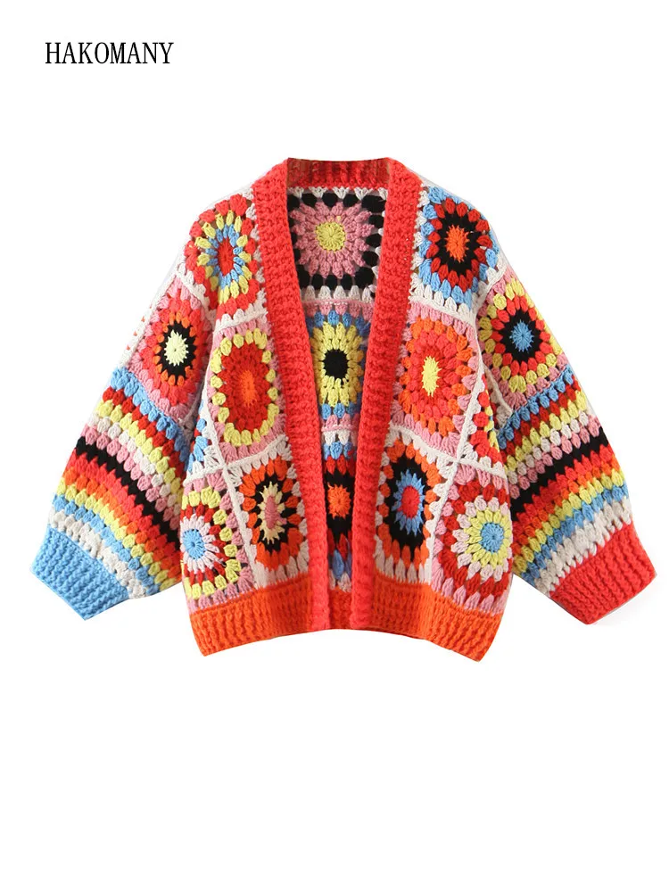 

2022 Woman V neck Long sleeve Sweater Open Stitching Knitwear Jumper Holiday BOHO Geometric Plaid Hand Made Crochet Cardigan