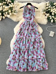 Elegant Women Beach Long Dress Summer Floral Pinring Sexy Hanging Neck Layer Dresses French High Waist Slim Party Long Robe