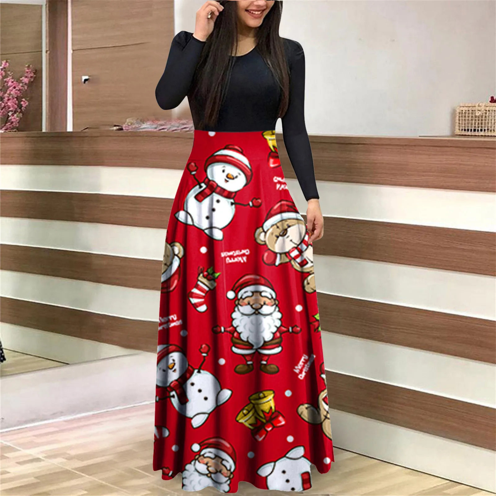 Vintage Christmas Print Casual Female Maxi Evening Dress Christmas Women Loose Dress Autumn V-neck Long Sleeve Party Dresses