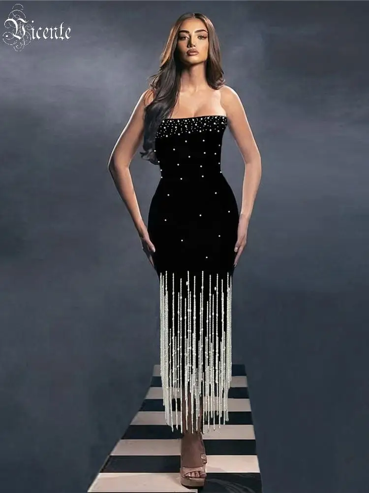 

VC Black Pearl Fringe Bodycon Bandage Dress For Women – Strapless Slim Fit Tassel Evening Party Dress Elegant Club Night Outfit