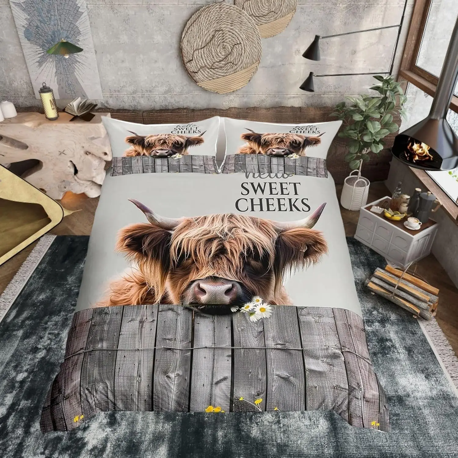 Grey Highland Cow Duvet Cover Set King Size Rustic Farmhouse Bedding Set With 2 Pillowcases Wood Grain Design