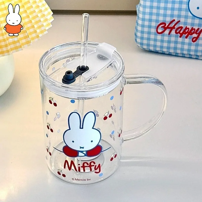 

1000ML Miffy Straw Cup Large Capacity Transparent Glass Water Cup Kawaii Red White Multiple Portable Cup Christmas Gift