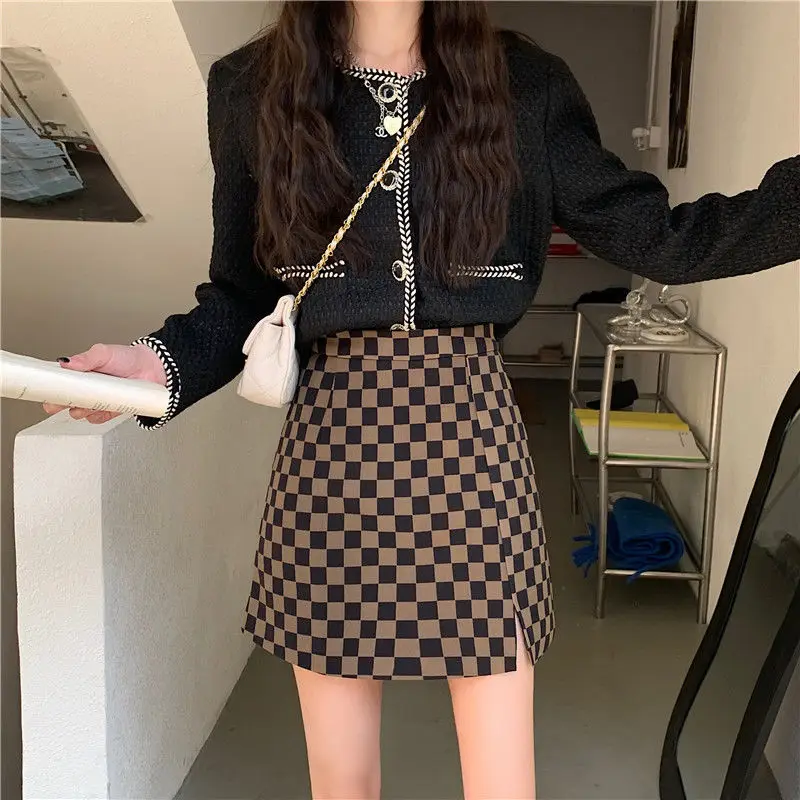 Clothes High Waist Skirts for Women with Slit Women's Skirt Short Plaid Mini Fashion A Line Luxury Y2k Chic and Elegant Casual V