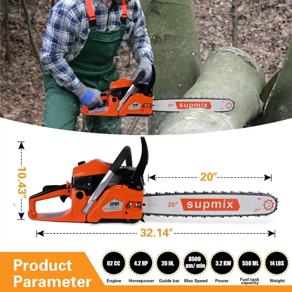 Gas Chainsaw for 62CC Power Chain Saw 20 Inch Guide Board Chain saws 2-Cycle Gasoline Handheld Cordless Petrol Chain Saws