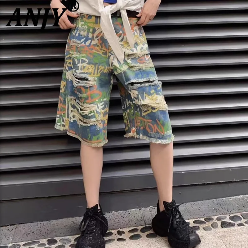 

ANJY, новые летние женские рваные джинсы, красочные рваные джинсовые укороченные брюки с буквенным принтом, уличная одежда, модные шорты в стиле хип-хоп A9997