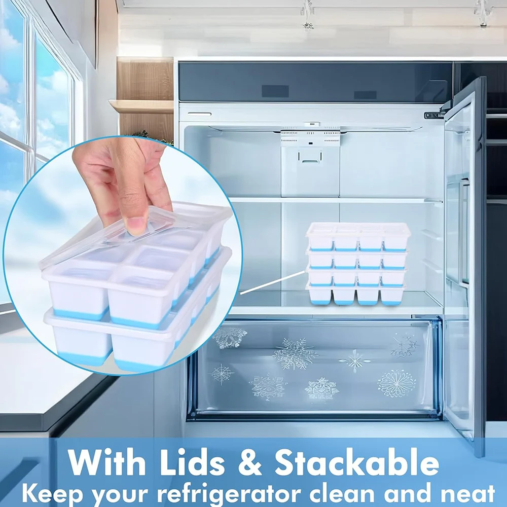 Large Ice Cube Tray with Lid Silicone Square Ice Cube Molds for Freezer,Stackable Huge Cubed Ice Trays for Whiskey Frozen Treats