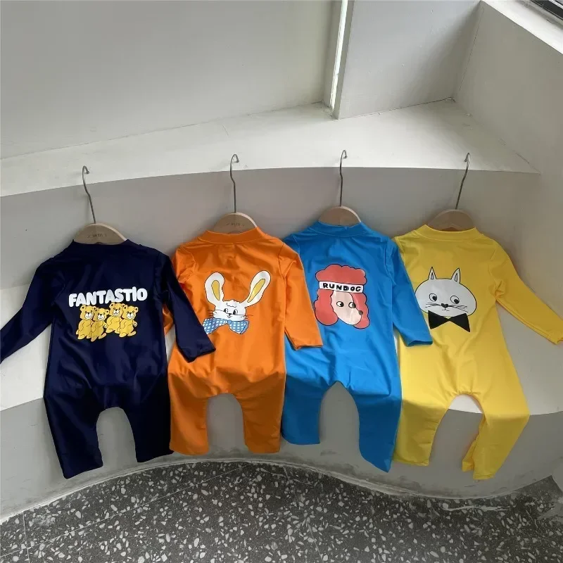 New Summer Baby Girls Boys Swimwear Cartoon Print Zipper Long Sleeve One Piece Swimsuit Children Sunscreen Beach Clothes E23107