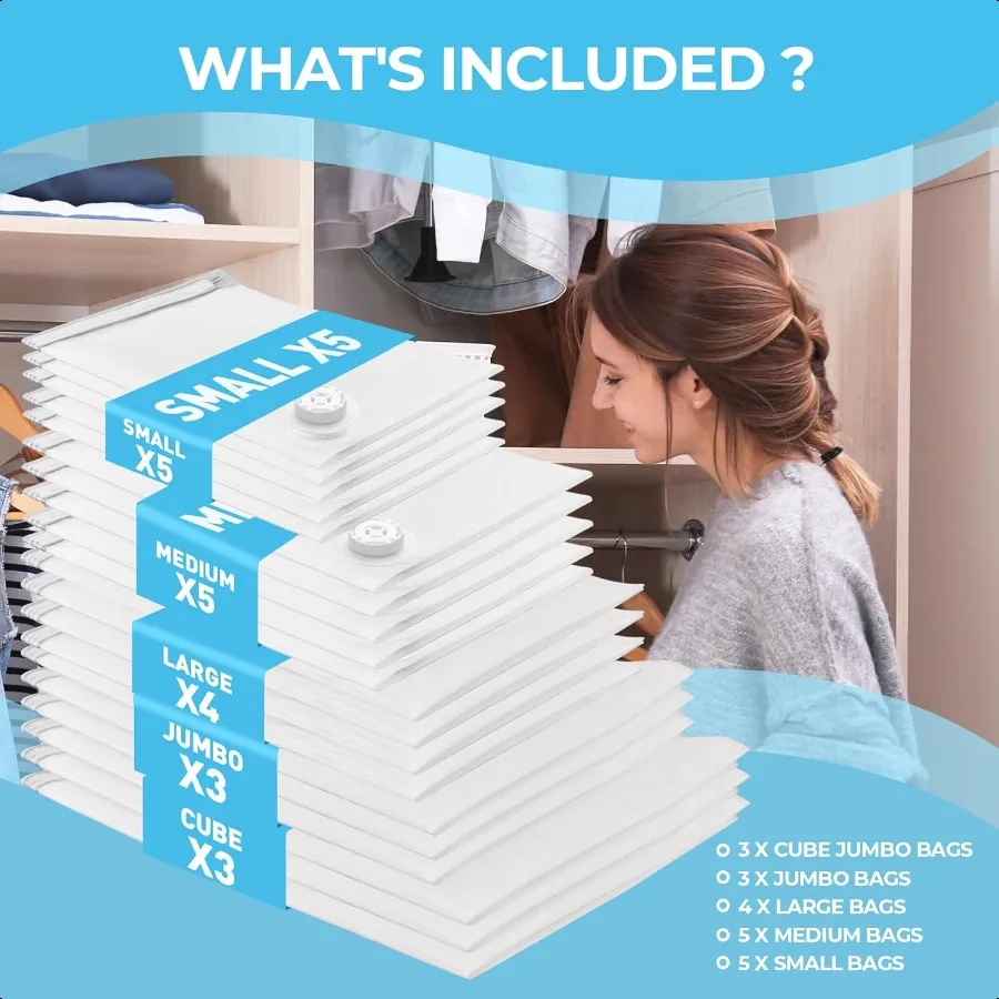 電動エアポンプ付き真空保存袋20枚パック、真空密閉保存袋、3キューブ、3ジャンボ、4ラージ、5ミディアム、5スモール、省スペース保存袋