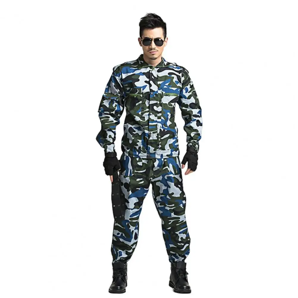 Camouflage Print Men Overalls Suit Multi Pockets Zipper Placket Cargo Jackets Pants Outdoor Male Overalls Suit Training Clothing