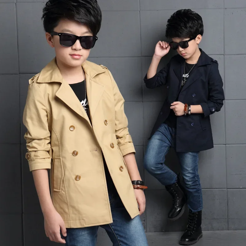 Boys Kids Double-breasted Belted Trench Coats Slim Jacket Windbreaker Boys Classic Trench Coats Khaki Color Jackets size 4-13