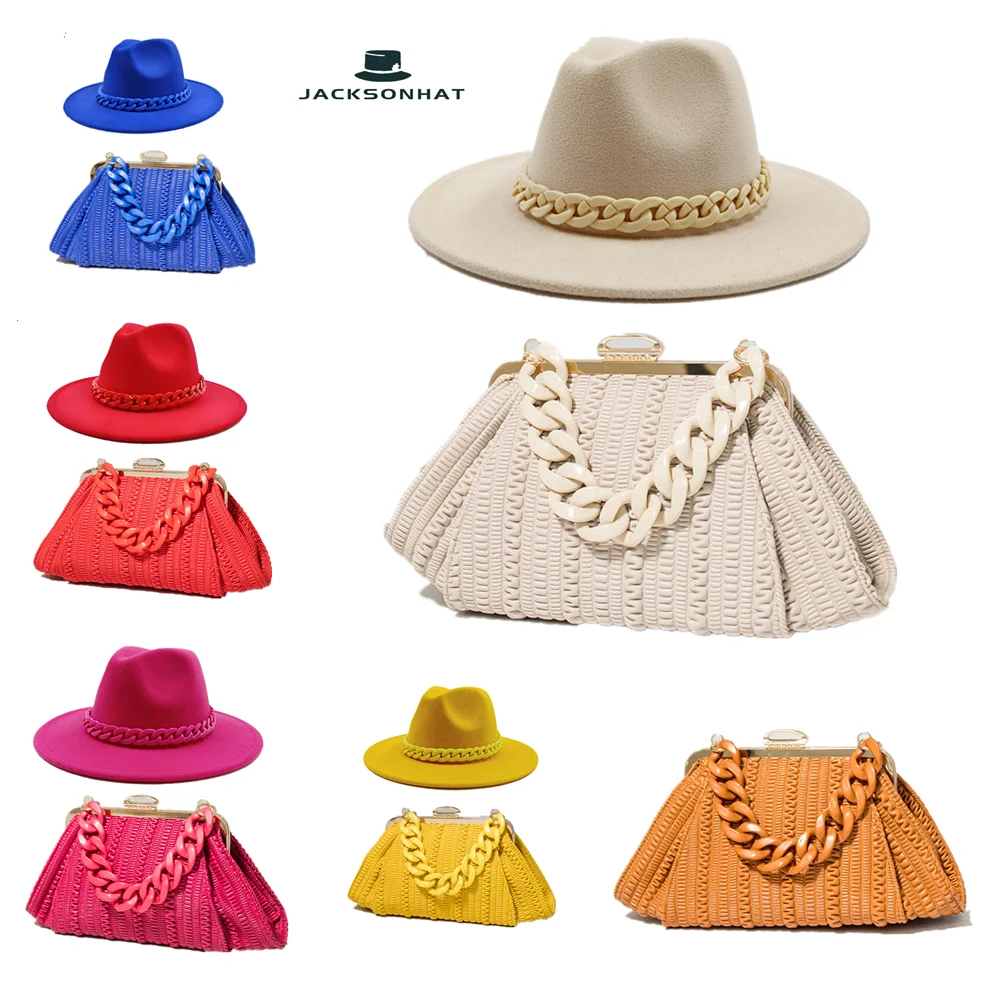 Hat bag sets Women Fedora Straw Hat and Bag Set Chain Bag Hat Set fedora  Church Luxury Bag and Fedora Party Jazz Straw Hat