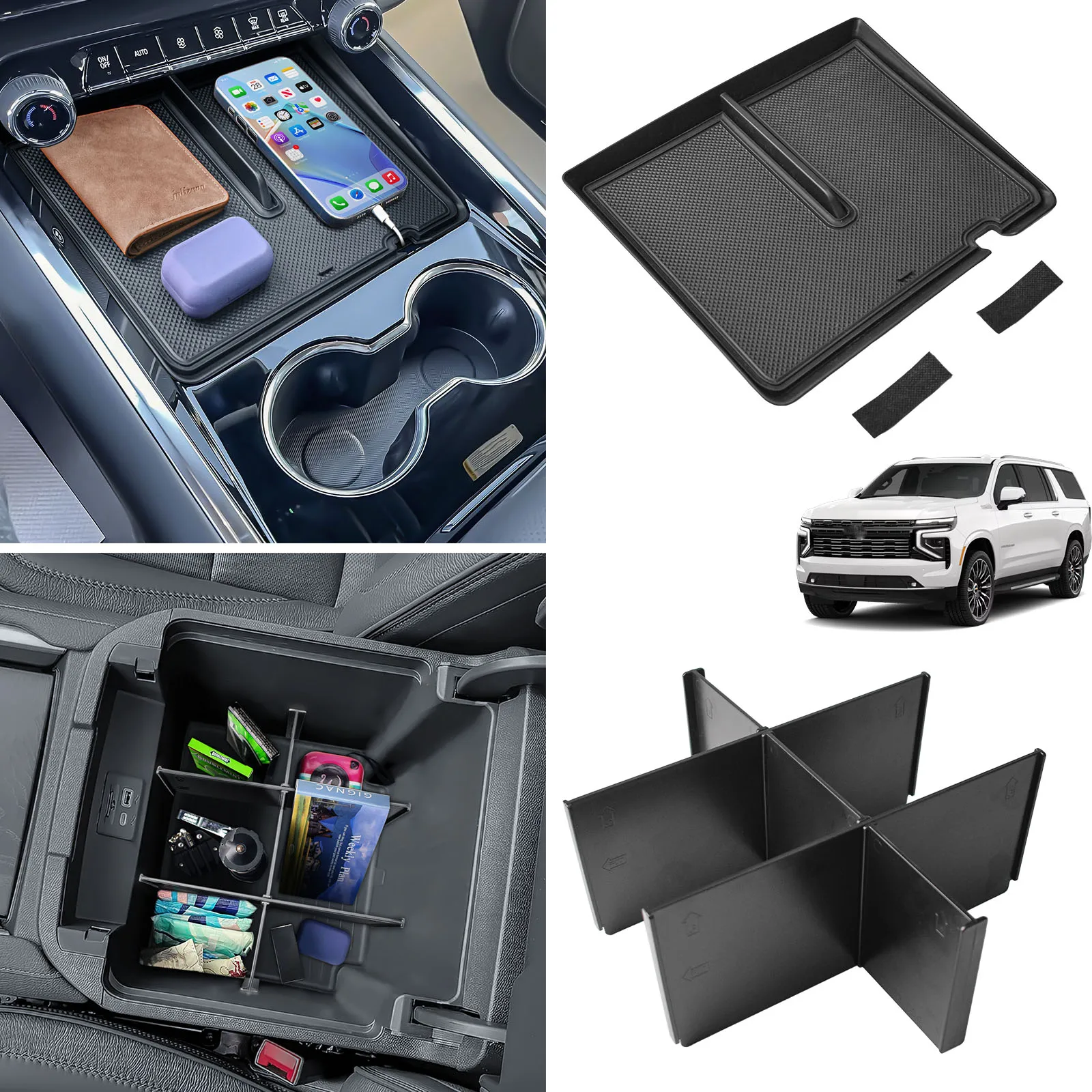 

Front Center Console Organizer For 2025 Chevy Suburban/Tahoe Armrest Storage Dividers Center Console Dividers Tray Accessories