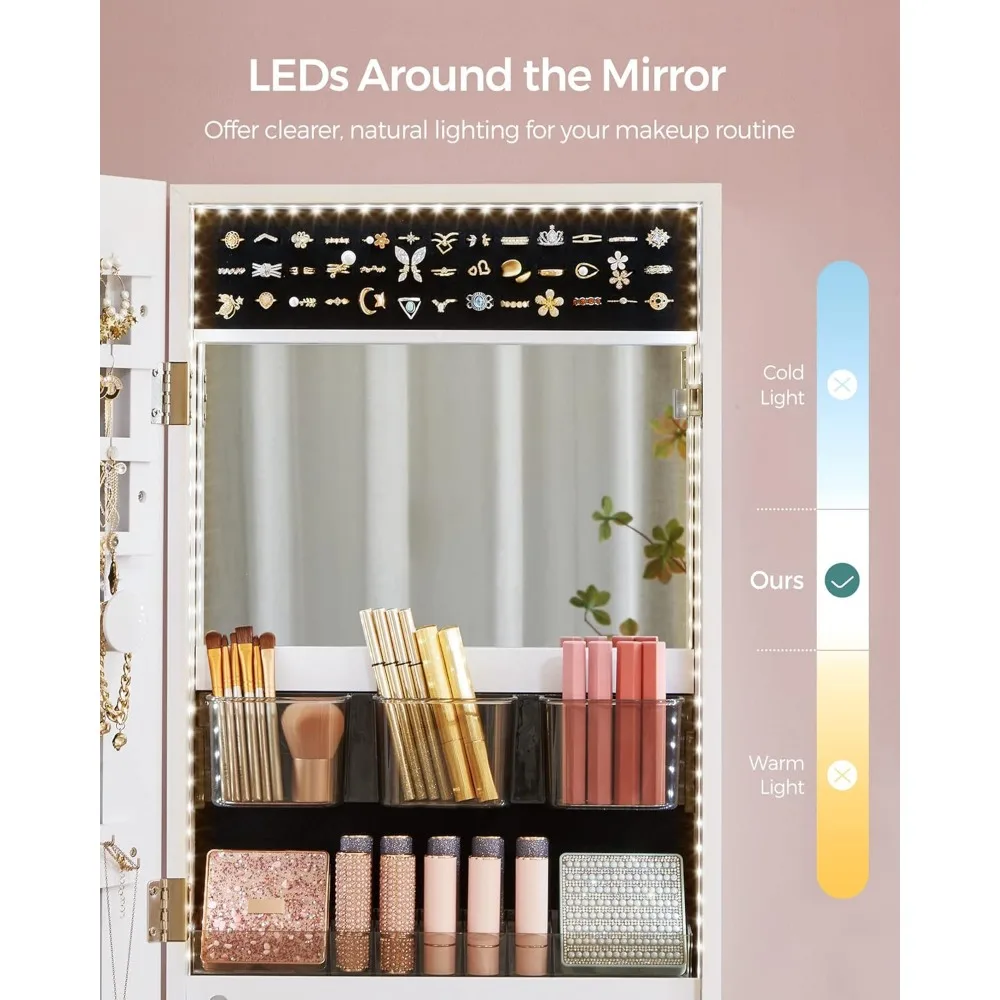 Mirror Jewelry Cabinet Armoire Organizer, Wall or Door Mount Storage Cabinet with Full-Length Frameless Lighted Mirror