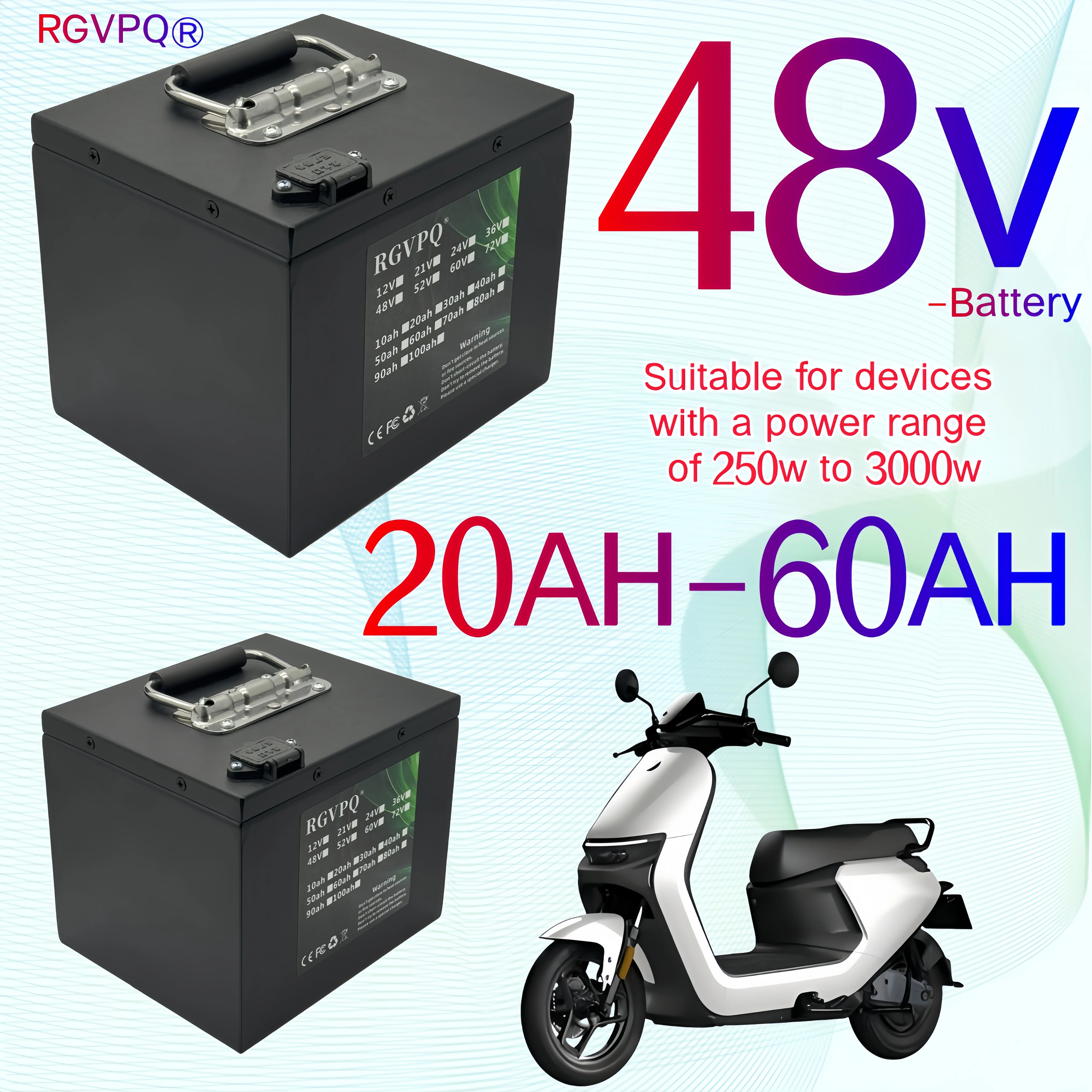 

Air freight free, 60V20AH-50AH, built-in BMS system, suitable for motors below 1000W-3000W, with charger included as a gift
