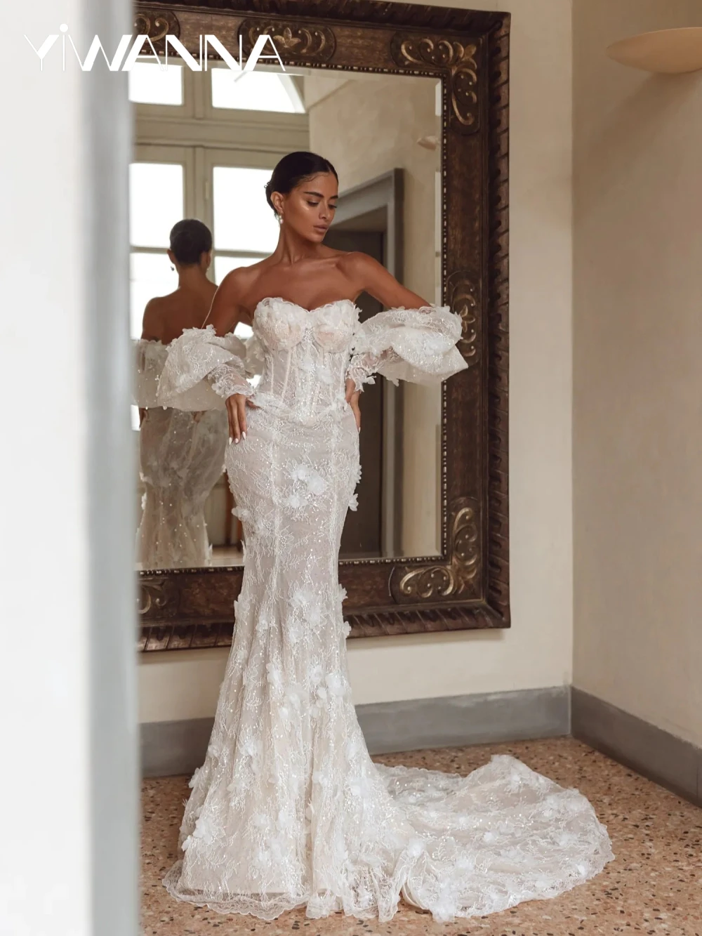 

Glitter Detachable Train 3D Flower Wedding Dress Charming Lace Mermaid Long Bridal Gown Customized Backless Dresses For Bride