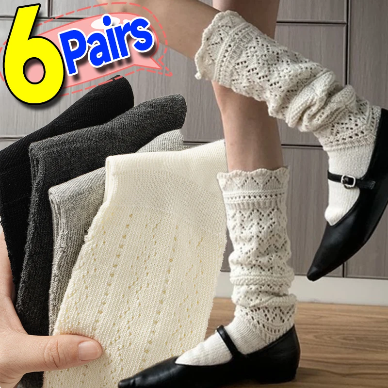 

Women Knitted Long Tube Socks Solid Color Fashion Stockings Hollow Out Design Home Socks Autumn Winter Comfortable Boots Socks