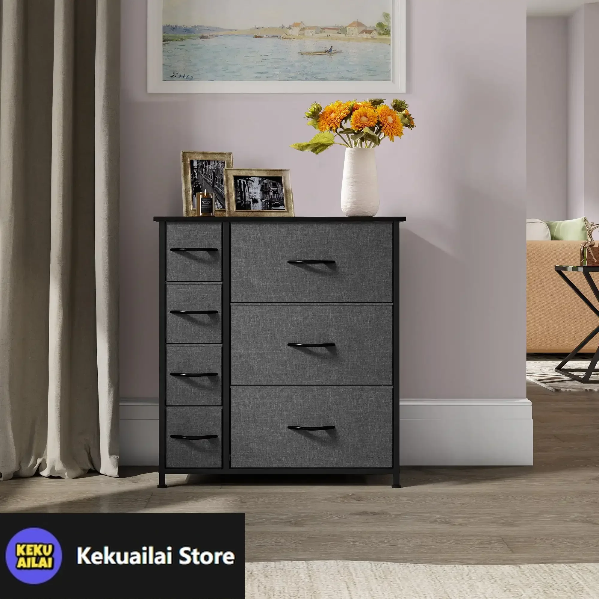 

7 Drawers High Dresser Bedroom Living Room Storage Tower Organizer, Black Grey