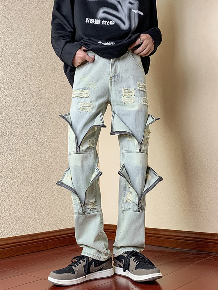 

Ретро-джинсы мужские в американском стиле с эффектом потертости, модные, в стиле High Street, с множеством карманов, на молнии, прямого кроя, рабочие, повседневные, молодежные, длинные брюки